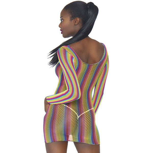 Rainbow fishnet mini dress